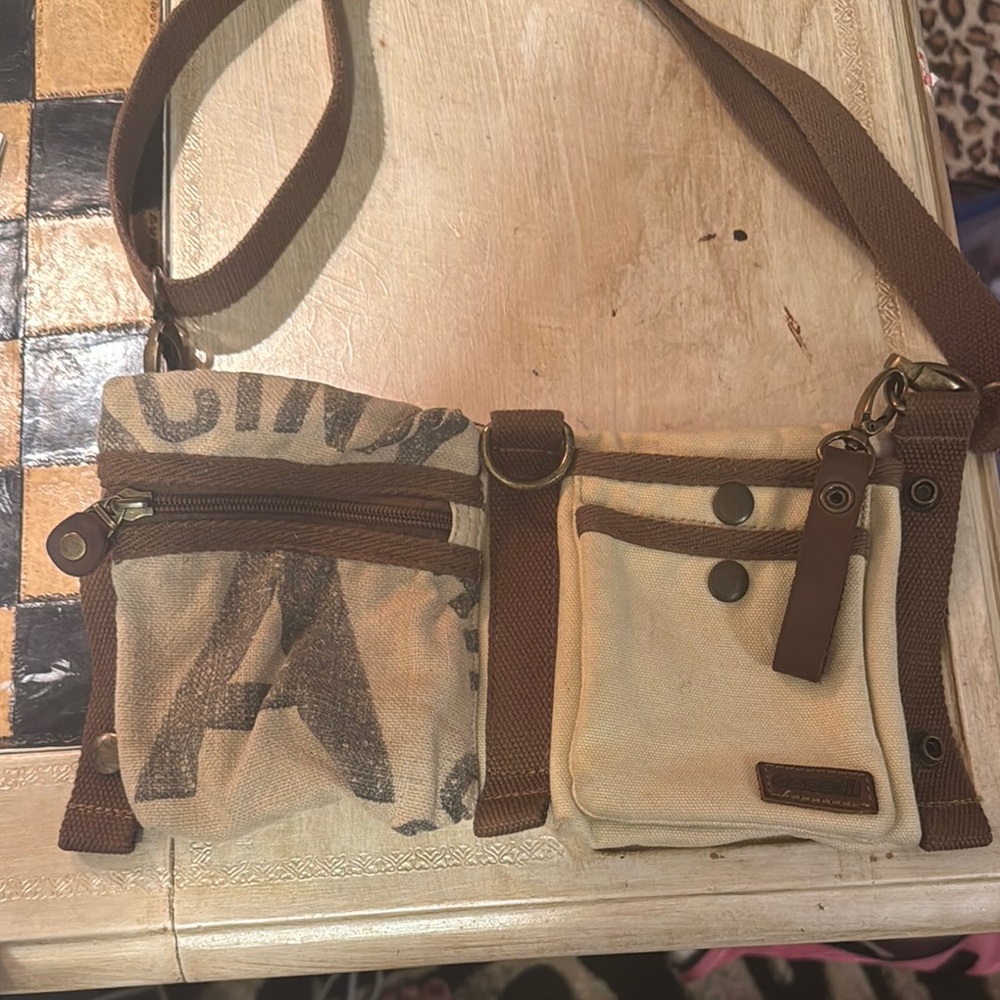 Brown and Cream Crossbody Bag with Durable Fabric